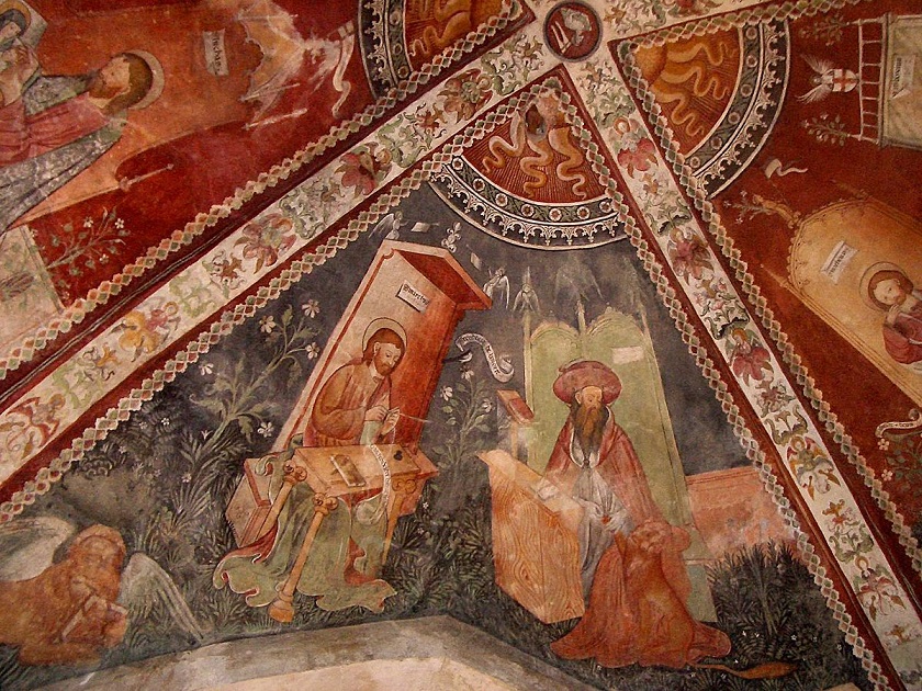 Rocca Canavese, Confraternita di Santa Croce: particolare degli affreschi del XV secolo sulla volta a crociera